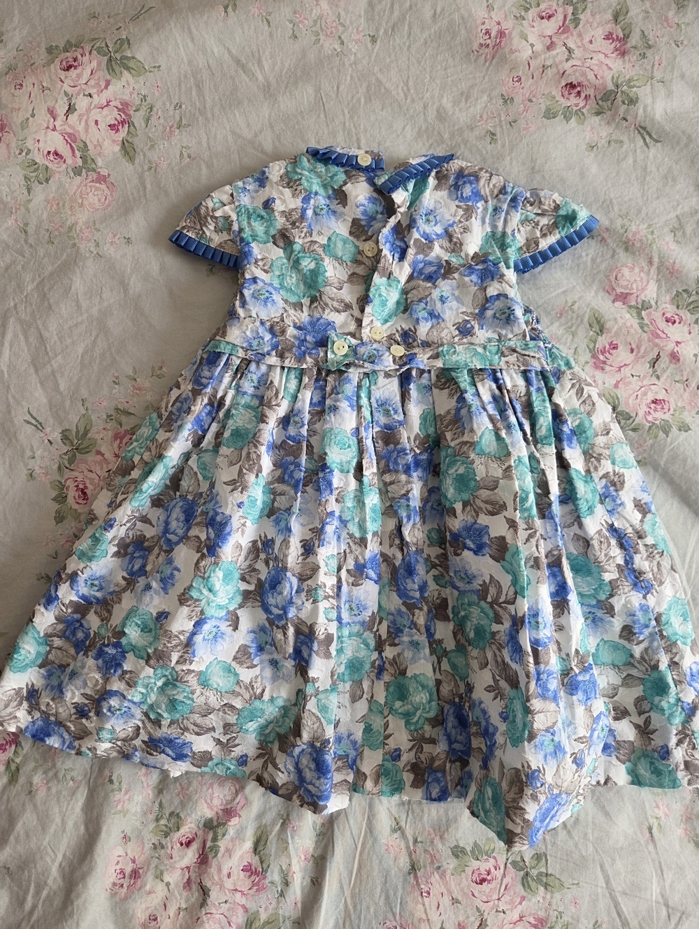 Handmade In Spain Smocked Blue Rose Floral Cotton Girls Dress Filita Artesania 2 - Picture 6 of 9